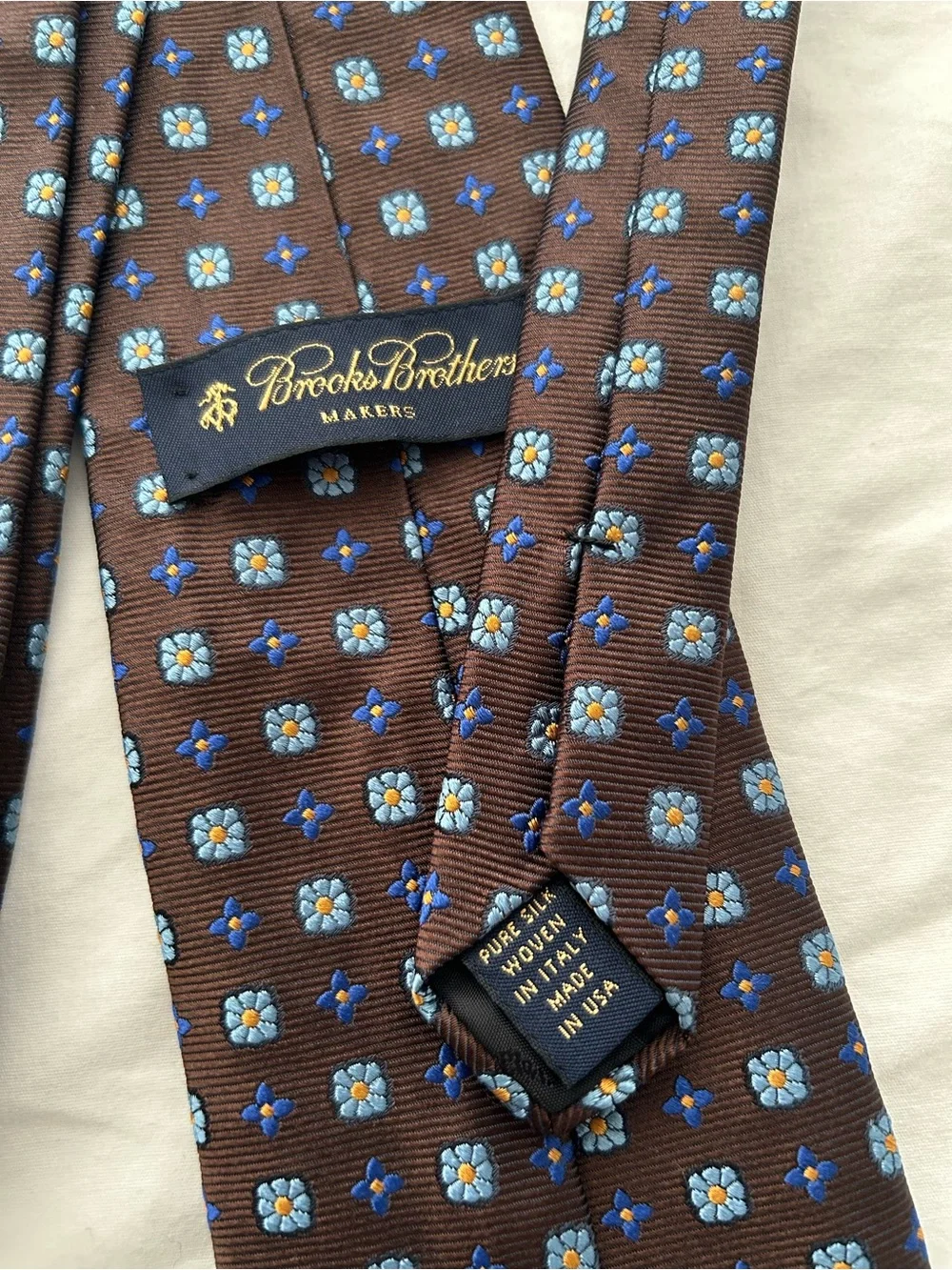 Men's Brooks Brother’s Makers Neck Tie Brown Geometric Floral Pure Silk Made USA